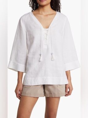 Tommy Bahama Coastalina Lace Up Tunic V-Neck Tassel Linen Top White Size Small